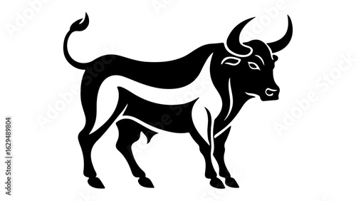 standing bull shape vector black and white illustration, scary standing bull vector shape illustration