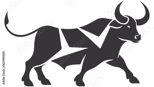 Stylized Bull Silhouette With Geometric Patterns in Black on White, Abstract representation of a bull using geometric and sharp contrasts, symbolizing power, resilience, and creativity