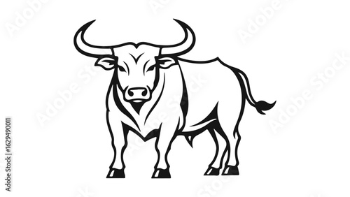simple bull standing and staring shape on white background, vector illustration of a bull standing with beautiful big horns