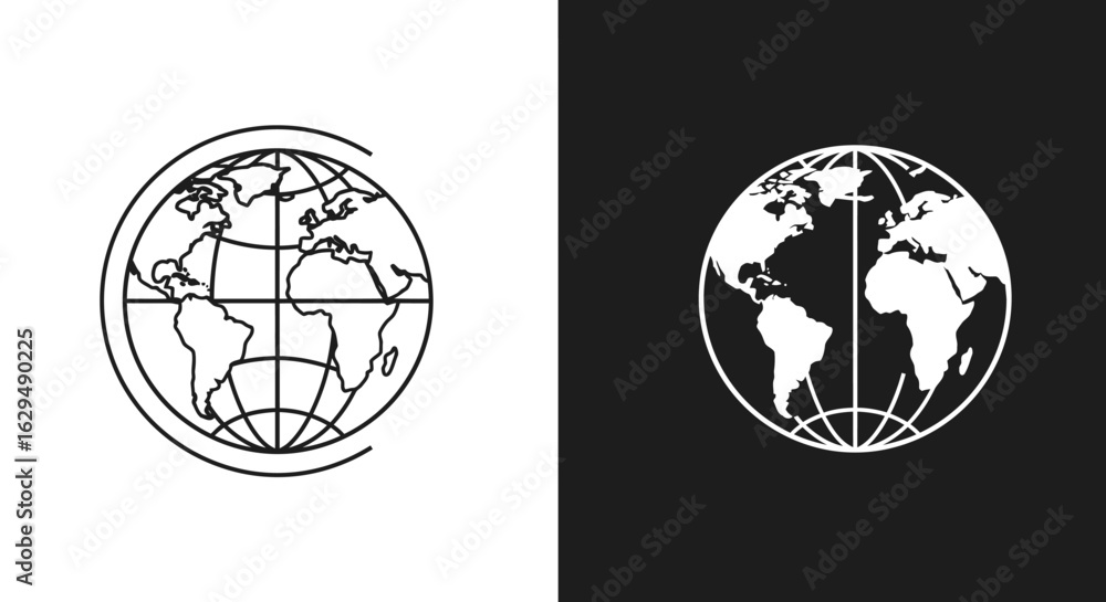 Obraz premium Earth Globe Outline Icon, World Map, Black and White Design