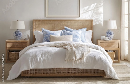 Rattan Bed With White Linen, Blue Accent Pillows, Wicker Baskets, Soft Light Interior