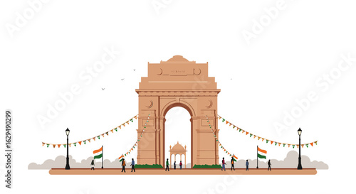 Flat vector illustration of India Gate decorated with tricolor bunting and flags for a national celebration with people walking.