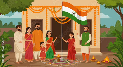 Indian Family Raising National Flag, Festive Attire, Traditional Rangoli