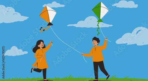 Joyful boy and girl in orange traditional attire happily flying colorful kites together.