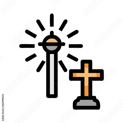 Cross and staff with rays icon