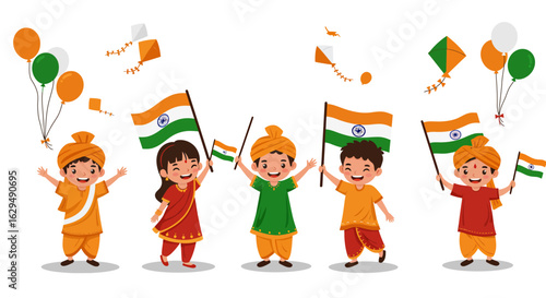 Joyful Indian Children in Traditional Attire Holding National Flags