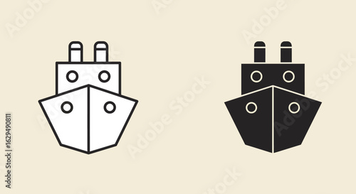 Minimalist front view ship icons, one outlined and one solid, featuring portholes and funnels.