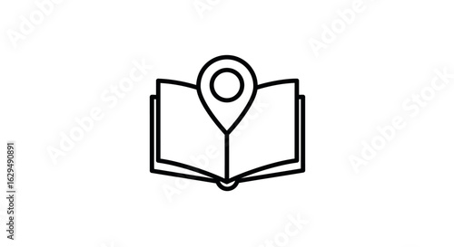 Open Book with Central Location Pin Icon, Black Line Art Style