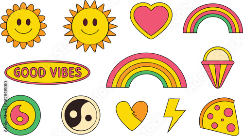 Collection of retro and groovy 70s inspired elements featuring smiley suns rainbows hearts and pizza