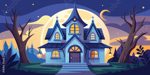 A spooky, dark silhouette of a house in the woods under a moonlit night sky with a single glowing window