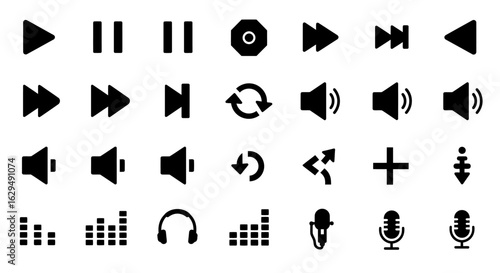 Set of black solid glyph icons for a media player interface, featuring play, pause, volume, and microphone symbols.