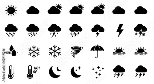 Set of black solid weather forecast icons, including sun, cloud, rain, storm, snow, moon, and temperature symbols.