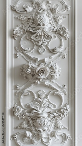 Elegant white ornate floral wall carving with intricate details