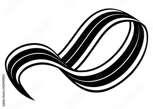 Abstract black and white ribbon flowing in a curving dynamic motion silhouette