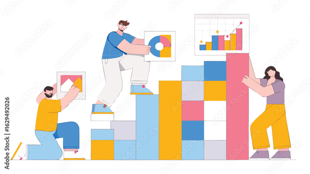 Fototapeta premium People collaborating to build bar chart with colorful blocks and data visualizations on white background