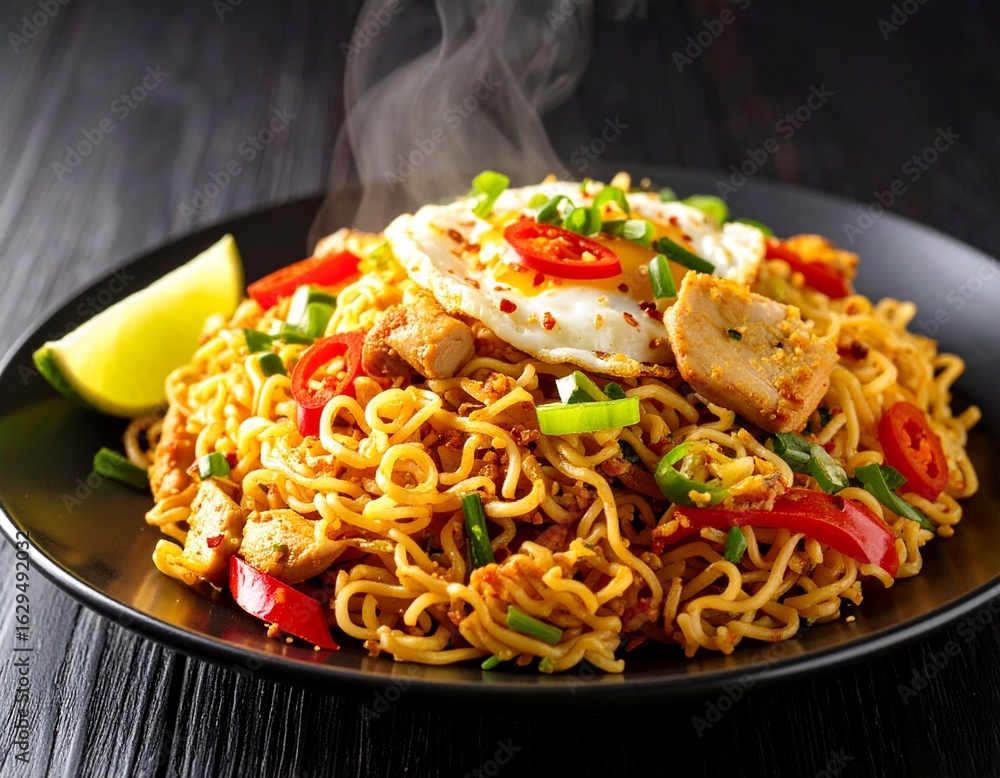 Fototapeta premium Hot and Steamy Mie Goreng with Chili and Fried Egg