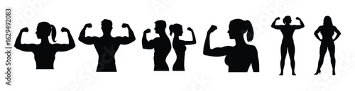 Female fitness silhouettes showing muscle strength and body positivity workout motivation vector art