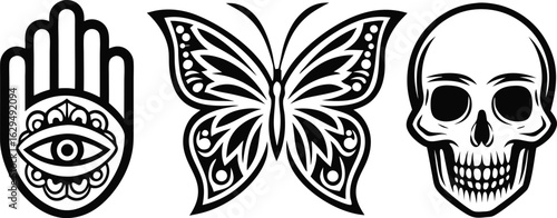 Symbolic trio featuring hamsa hand with eye of providence ornate butterfly and skull in black and white