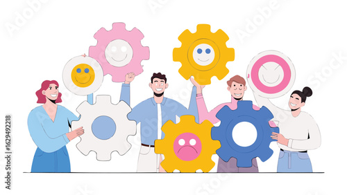 Illustration of team members holding colorful gears with smiley faces and one sad face gear