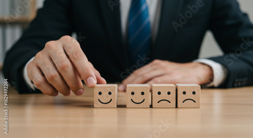 Businessperson Arranging Wooden Emotion Blocks on Table with Hand Touching Smiling Face