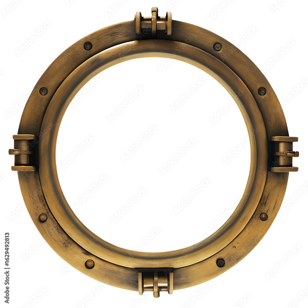 Obraz premium Round brass porthole with latches isolated on a transparent background