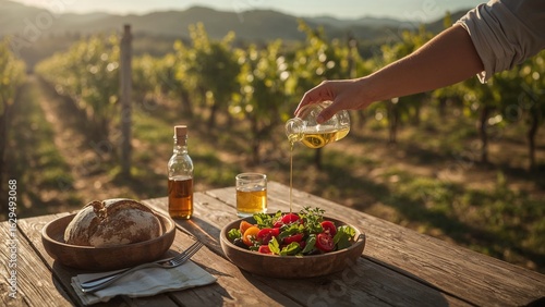 Fresh Salad Being Drizzled with Olive Oil at Vineyard Picnic Table