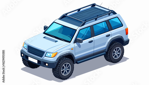 Isometric view of a modern silver SUV with a roof rack. A concept for adventure, travel, and off-road exploration.