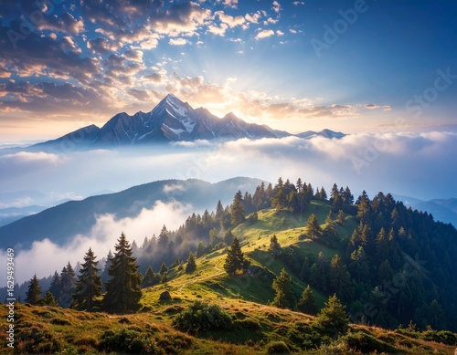 Górski krajobraz oświetlony słońcem i spowity mgłą © Monika