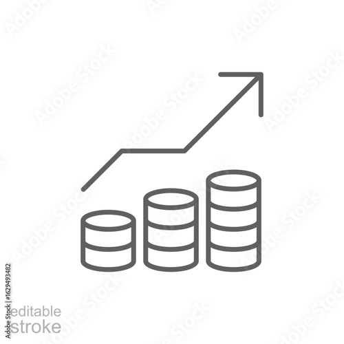Price increase icon. Outline style. Money growth, rising cost, profit gain, stock market trend, financial chart, income forecast, investment value, currency rate. Thin line symbol. Editable stroke.
