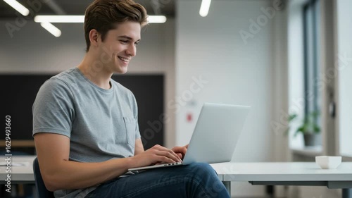 Happy young man smiling while typing and working on his laptop in a modern office space.