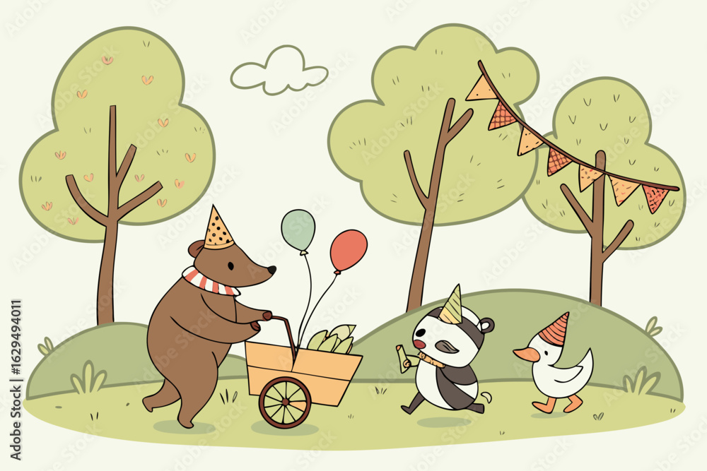Naklejka premium Vector art of a cheerful bear and friends celebrate a birthday in the forest with balloons and gifts in this cute vector illustration