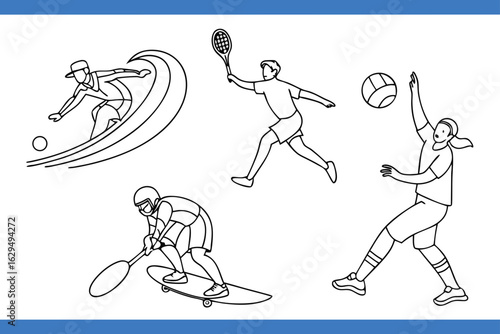 Vector art of line art illustration showcasing various sports activities including surfing tennis volleyball and paddleboarding for active lifestyle concepts