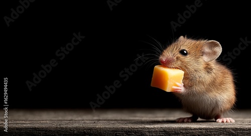 The phrase consists of mouse, rodent, cheese, Mouse Eating Cheese on Wooden Table