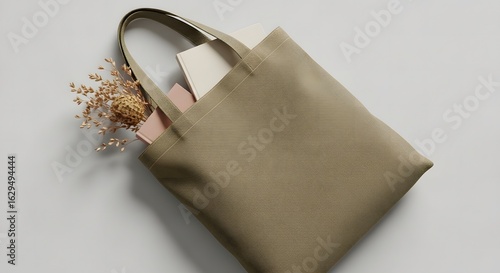 Tote bag mockup with visible inner contents such as a book, dried flowers, and a notepad partially sticking out