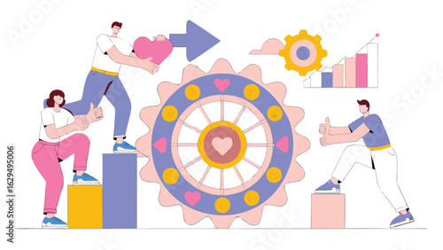 People working together to turn a gear with hearts and achieve business growth and success chart