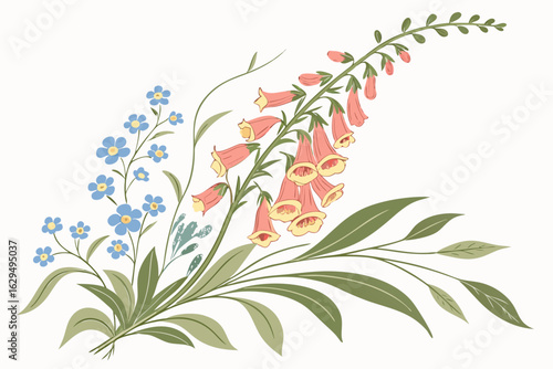 Vector art of elegant floral arrangement featuring forgetmenots and foxgloves a botanical vector illustration for spring and summer designs