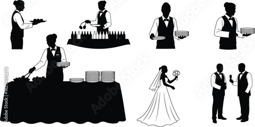 Event staff serve guests, bride holds bouquet, men toast at party