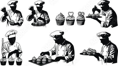 Skilled chefs decorate delicious cupcakes with frosting and flair