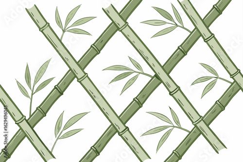 Illustration of bamboo stalks and leaves creating a simple crisscross pattern on a white background