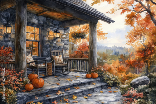 Rocking chair on porch with pumpkins.