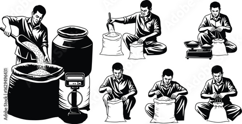 Worker packages grain in bags, scales measure product quantity