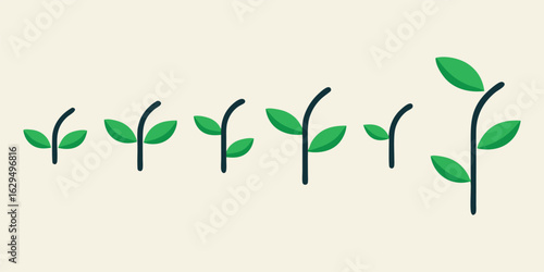 Vector art of a sequence of green sprouts showing progressive growth, representing development and advancement, isolated on white background.