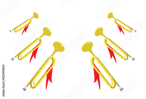 Isometric fanfares announcing the beginning of an important event top aerial view. Realistic 3D vector concept isolated on white background