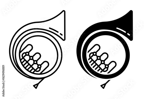 Linear icon. Hunting medieval horn musical wind instrument. Simple black and white vector isolated on white background