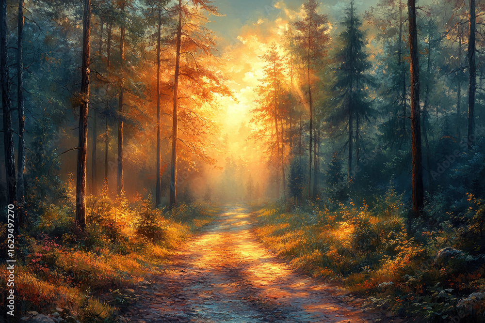 Fototapeta premium Path cutting through a forest in a painting.