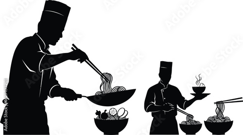 Skilled chefs prepare delicious noodle dishes with fresh ingredients