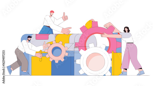Teamwork illustration of people pushing gears together to achieve a common goal in business and projects