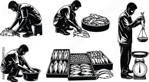 Fishmonger preparing fresh catch for market sale