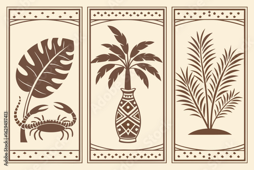 Vector art of three framed panels showcase tropical themes including a crab a monstera leaf a palm tree in a vase and a leafy plant