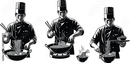 Skilled chef prepares delicious noodles, showcasing culinary mastery.